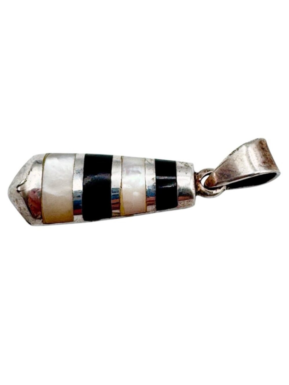Black Onyx Mother Of Pearl Pendant Sterling Silver Inlay 1.25" Vintage Signed PD - Picture 2 of 6